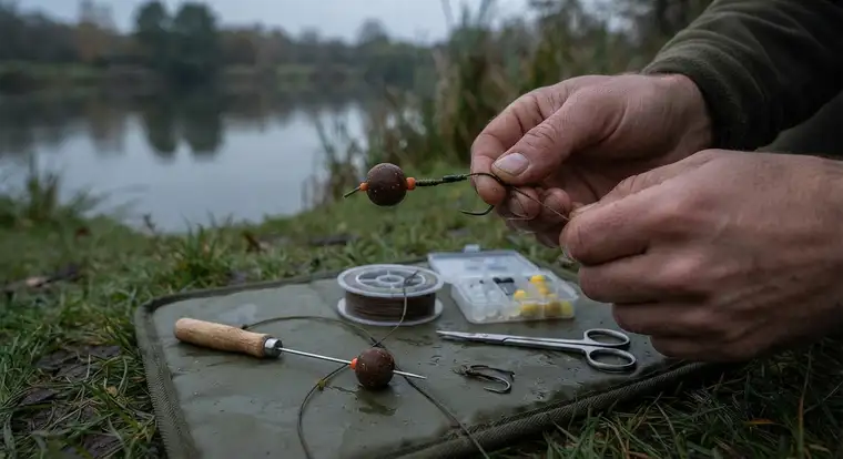 Gotowe kulki proteinowe na włosie przy haczyku typu wide gape - montaż krok po kroku nad wodą