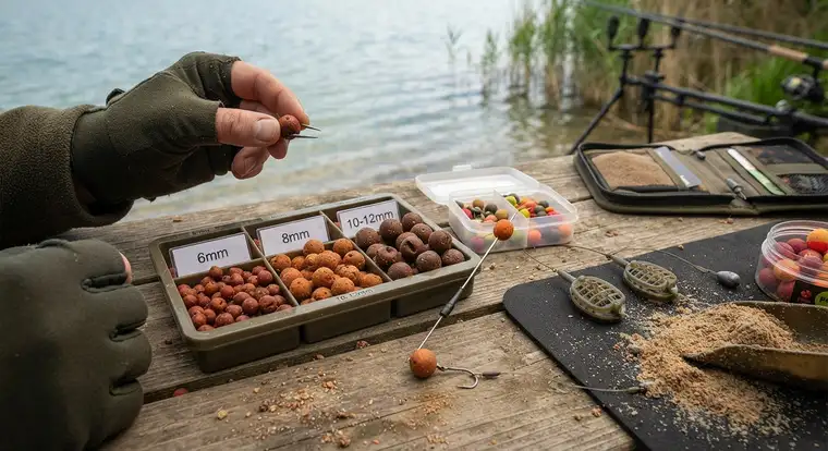 Zbliżenie na twardą i miękką kulkę proteinową do method feeder przy haczyku, pokazujące dobór średnicy i struktury przynęty na karpie